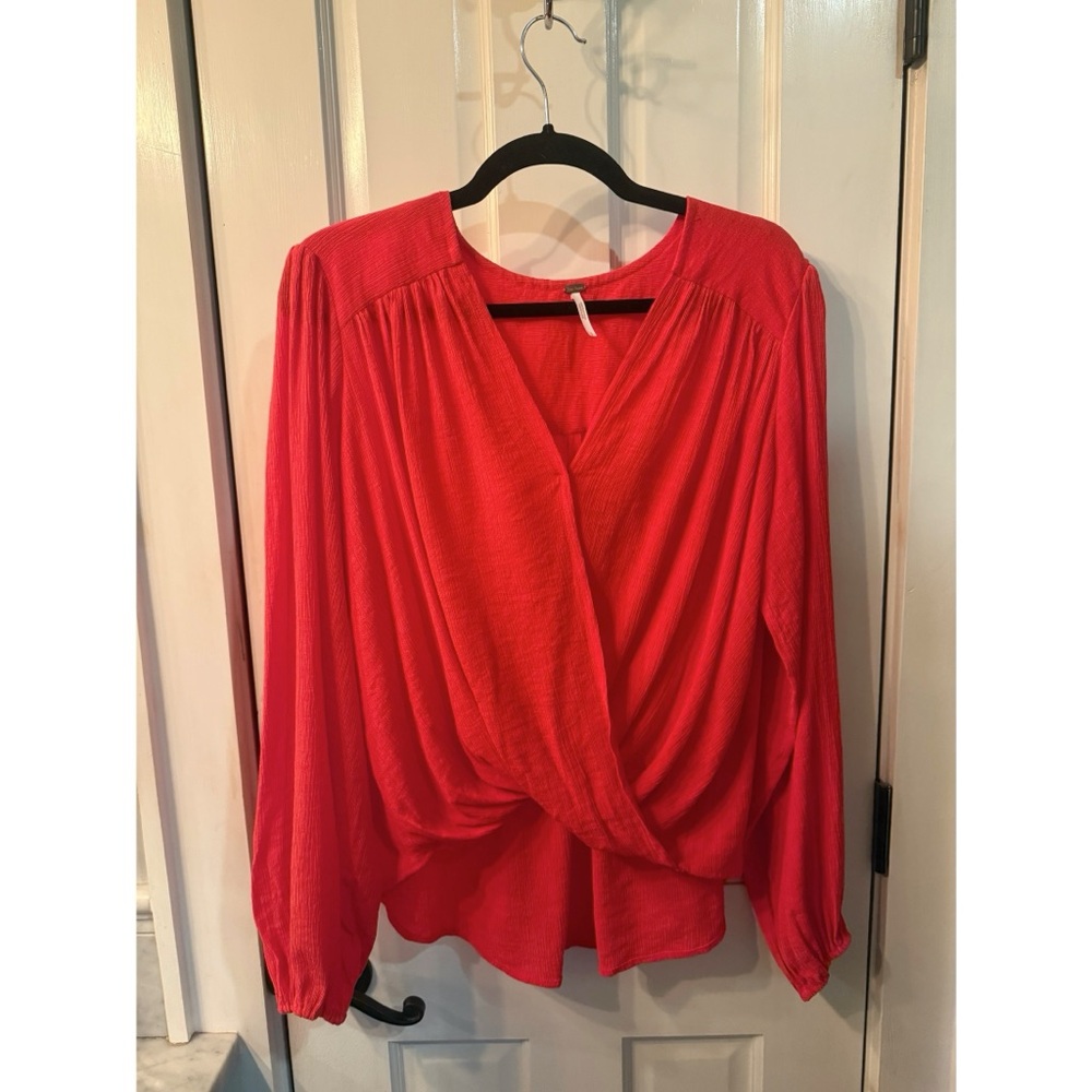 NEW FREE PEOPLE LADY LUCK RED ORANGE DRAPEY WRAP PLUNGE V-NECK BLOUSE SMALL HOT! - Picture 6 of 16